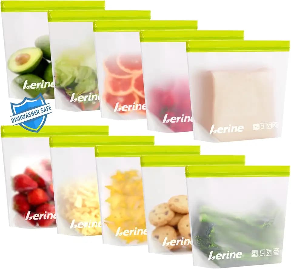 Lerine Stand-Up Reusable Sandwich Bags Dishwasher Safe, 10 Pack, Green