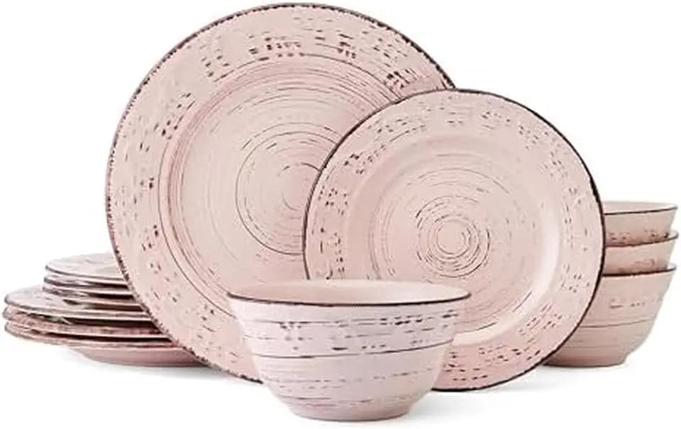 Pfaltzgraff Pink Trellis 12-Piece Dinnerware Set, Stoneware Plates and Bowls Sets for 4, Dishwasher and Microwave Safe, Rustic Garden-Inspired Design