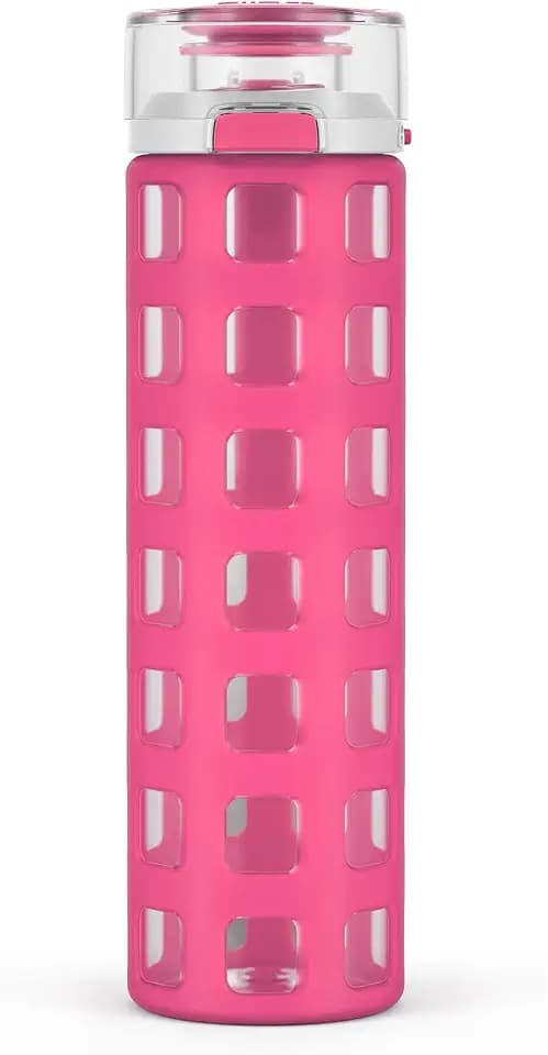 Ello Syndicate 20oz Glass Water Bottle with Flip Lid and Sleeve, Pink