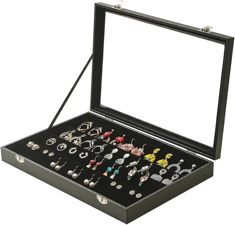 Coward Earring Organizer Tray Box, Black Velvet Earring Jewelry Display Storage Tray Case with Transparent Glass Lid for Home Drawer or Shop Selling