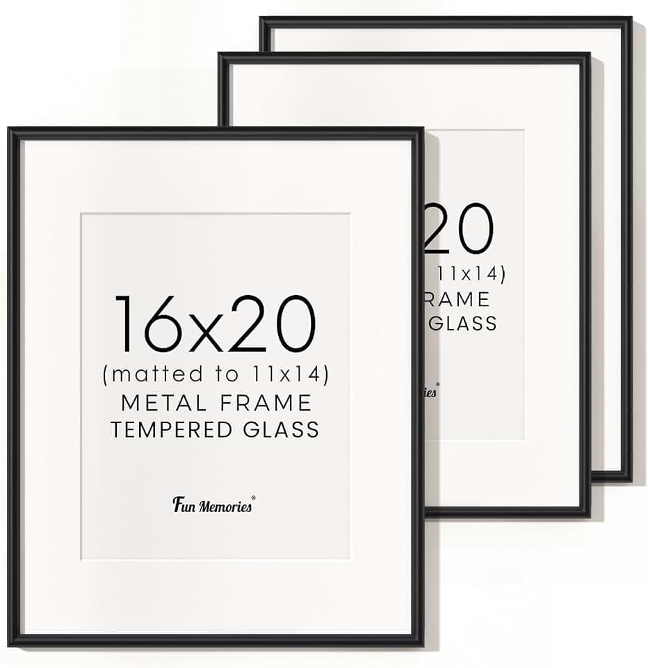 Fun Memories 16x20 Aluminum Picture Frame Black, 16"x20" Frame for Wall with Real Glass, 16 x 20 Black Metal Frame, 16x20 Picture frame Matted to 11x14, Set of 3