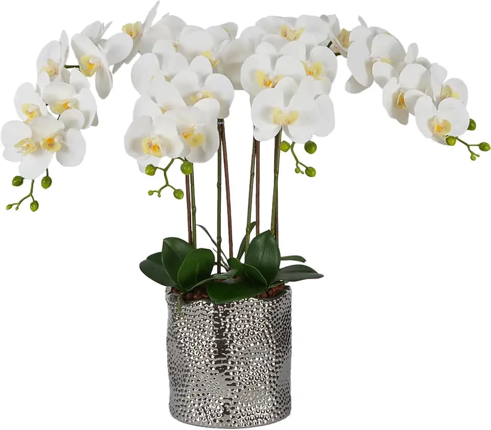 W&W Artificial Orchid Plants & Flowers Arrangement in Ceramic Pot, Fake Faux White Orchid with Silver Vase,Extral Large 26 inches