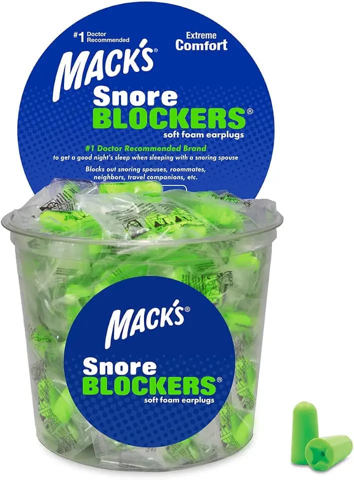 Mack's Snore Blockers Soft Foam Earplugs, 100 Pair Tub – Individually Wrapped – 32 dB High NRR, 37 dB SNR – Comfortable Ear Plugs for Sleeping, Snoring, Loud Noise and Travel