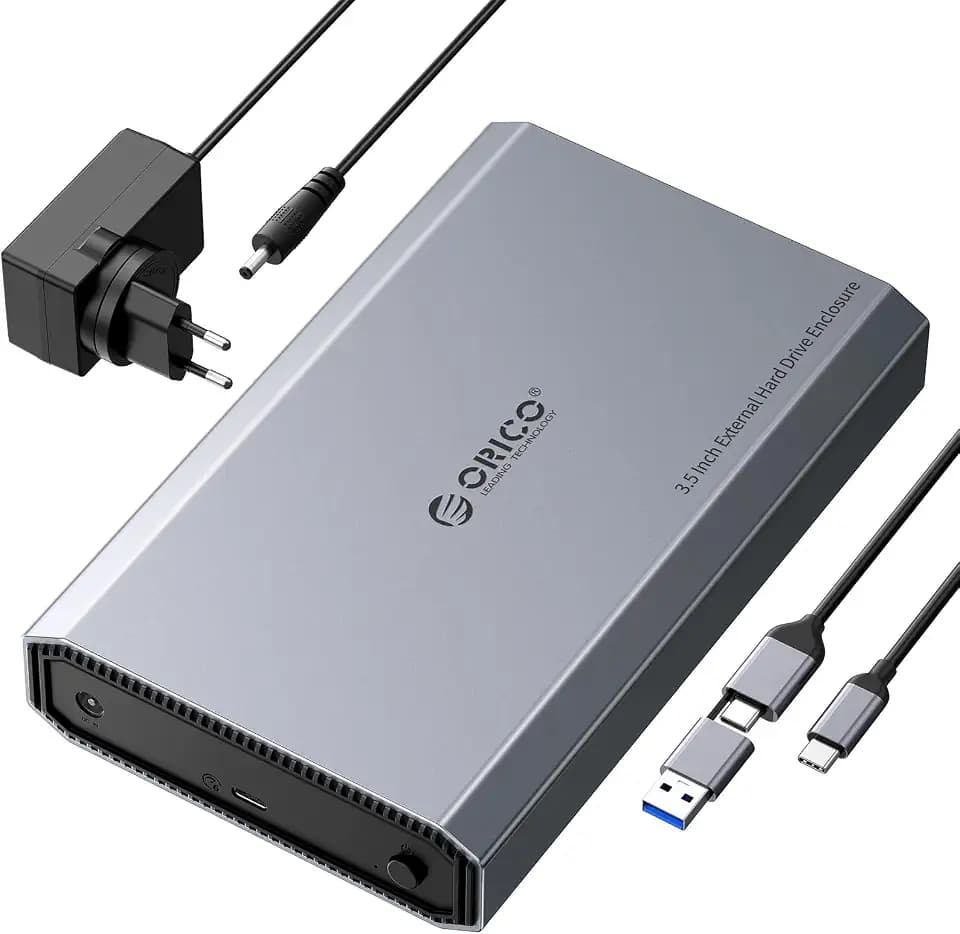 ORICO Aluminium Festplattengehäuse 3,5 Zoll USB C 3.2 6Gbps Externes HDD Gehäuse für 2,5"/ 3,5" SATA HDD SSD Maximal 20 TB mit USB C/A 2-in-1 Kabel, Unterstützt UASP,12 V/ 2A Netzteil (DD35C3)