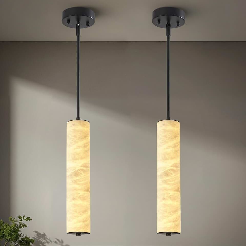 LMQNINE Natural Alabaster Pendant Lights White Marble 15" Long Tube Adjustable Boom Chandelier Modern 3000K Black Ceiling Light for Kitchen Island Bedroom Dining Room Living Room Hallway(S-2Pack)
