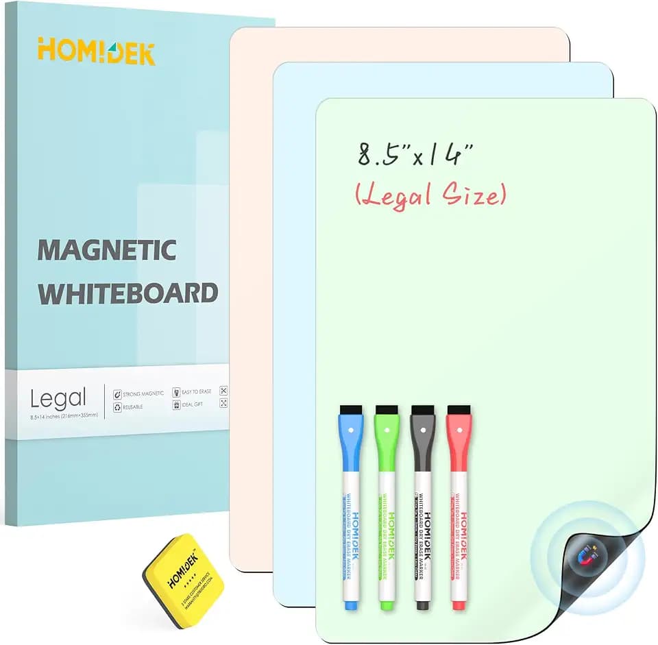 HOMiDEK Magnetic Dry Erase Board, 3 Colors Fridge Magnet White Board Sheet with 4 Markers & 1 Eraser, Reusable Blank Magnetic Whiteboard to Write On for Refrigerator, Locker, Cabinet, Door - 8.5 x 14