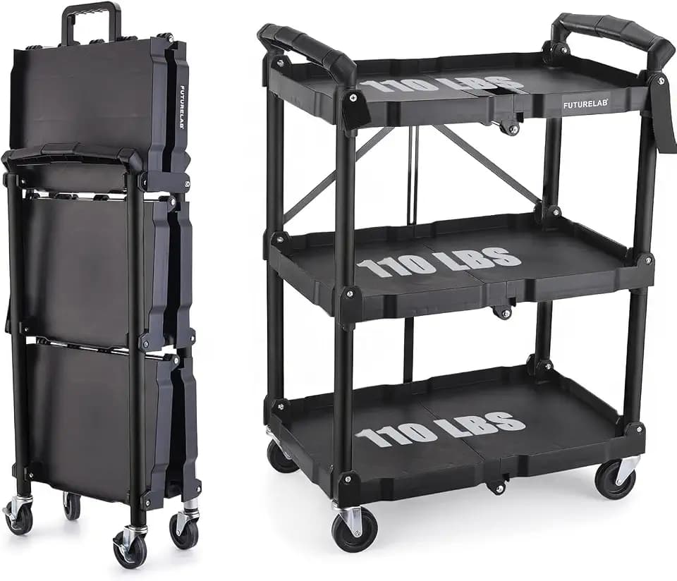 FUTURELAB Portable Folding Service Cart - 3 Tier 330LBS Capacity - Rolling Utility Foldable Cart with Wheels for Warehouse Home Workshops Garages Restaurants Offices