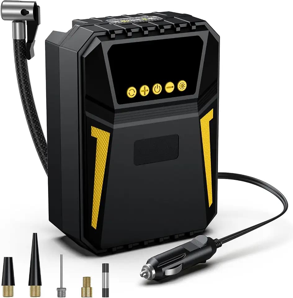 Luftkompressor für Autoräder – tragbarer Luftkompressor 12 V DC, Luftkompressor für Auto 150 PSI mit Taschenlampe – für Autos/Motorräder/Fahrräder/SOS-Notfall, voreingestellter Druck und automatische