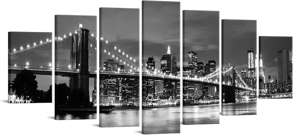 sechars XLarge 7 Piece Wall Art Set Black and White Brooklyn Bridge Picture Canvas Prints New York City Night View Photo Painting Manhattan City Skyline Poster Framed Modern Home Office Decor