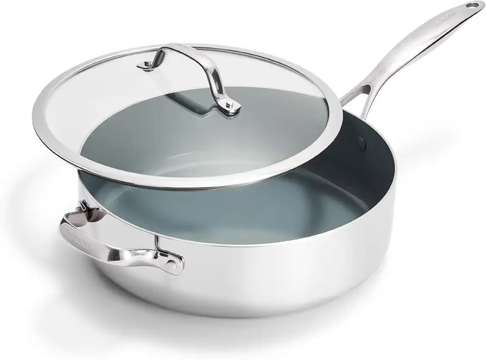 GreenPan Valencia Pro Tri-Ply Stainless Steel 5QT Sauté Pan with Lid, PFAS-Free Ceramic Nonstick Coating, Induction Ready Cookware, All Cooktops, Deep Jumbo Cooker, Dishwasher & Oven Safe to 600F
