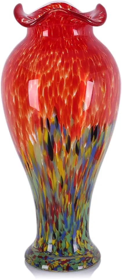 19.7H Murano Hand Blown Glass Vase, Ruffled Scalloped Rim Wide Mouth Colorful Decorative Flower Vase, Large Glass Centerpiece for Living Room, Bathroom, Office, Bookshelf, Entryway,Mantel Decor(Red)