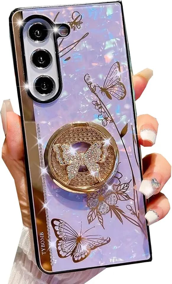 Changjia for Samsung Galaxy Z Fold 5 Case Kickstand Case,Cute Rhinestones Diamond Butterfly with Ring Stand Glitter Bling Marble Shell Shockproof Women Girls Phone Case for Galaxy Z Fold 5 5G (Purple)