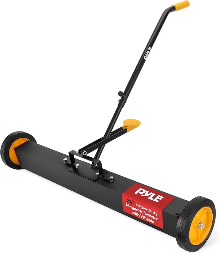 Pyle 36" Rolling Magnetic Sweeper with Adjustable Handle - Strong and Durable Metal Construction Heavy-Duty Cleaning/Metal Pickup for Industrial and Commercial Use (Black and Orange)