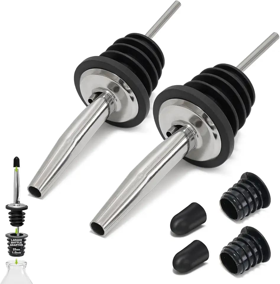 2PCS Stainless Steel Pourers, Speed Wine Bottle Pourer, Olive Oil and Vinegar Tapered Stopper Spout, Liquor Pourers with Rubber Dust Caps for Alcohol, Olive Oil,Bartender Accessories with 2 Adapters