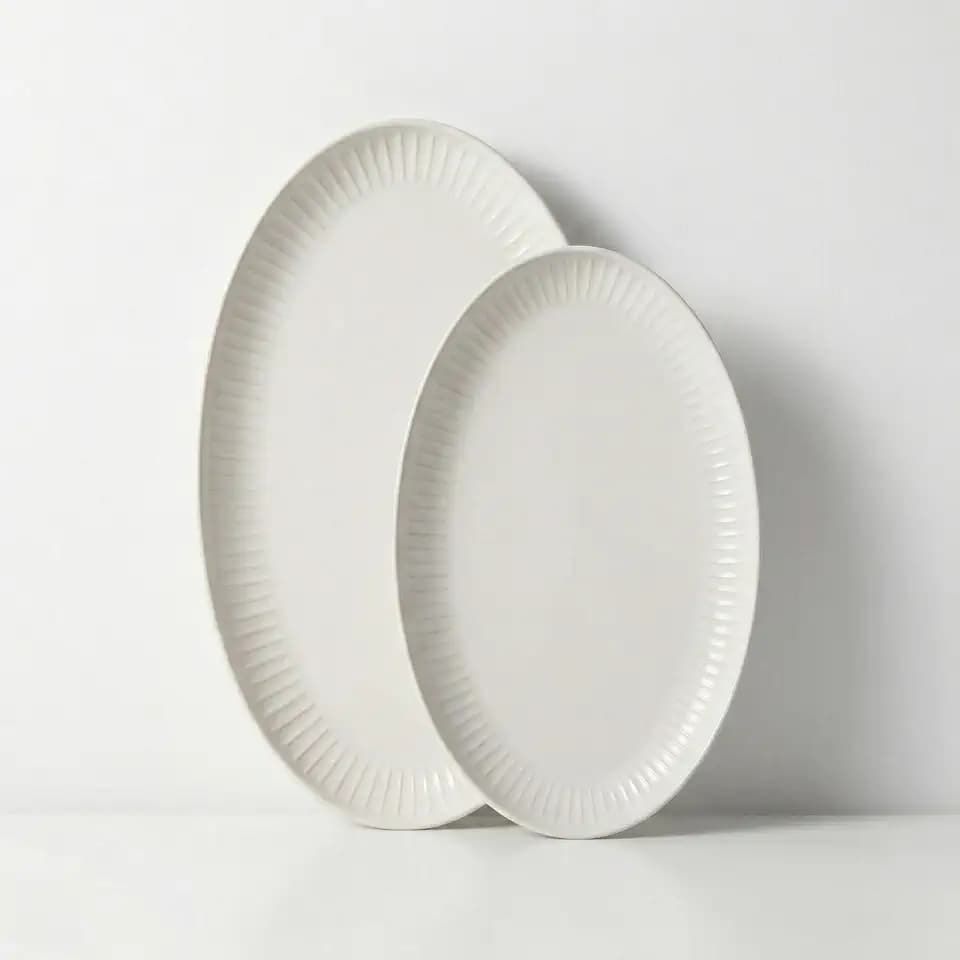 Serving Dishes, 12/14", Durable Ceramic Platters, Ribbed Rim, Oval, Microwave and Dishwasher Safe, Medium/Small, Set of 2, Powder White, Tidal Collection