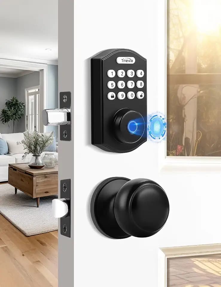 Tinewa Smart Locks for Front Door -Black Keyless Entry Door Lock Deadbolt with Flat Ball Door Knobs, Electronic Digital Keypad Deadbolt with Fingerprint, APP Control, Easy Installation