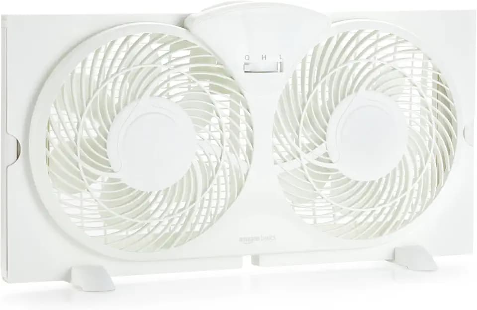 Amazon Basics Twin Window Fan for Home Bedroom, 9 inch, Reversible Airflow, Exhaust Mode, Expandable Side Panels, Width Adjustable, 2 Speeds, Air Circulation, 68W, White