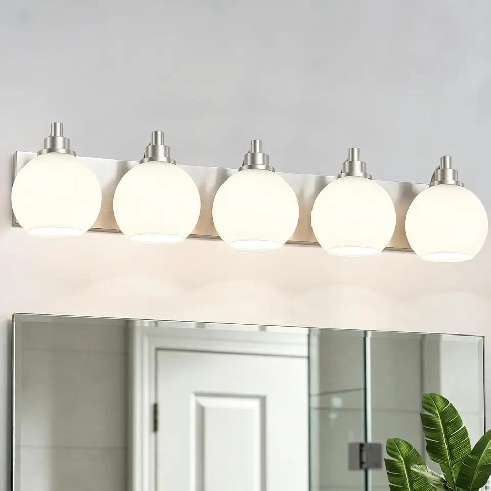 IZORRO Bathroom Light Fixtures, 5-Light Brushed Nickel Vanity Light, Modern Wall Sconces with Globe Milk White Glass Shade, Vanity Lighting Fixtures Over Mirror,E26 Bulb Socket