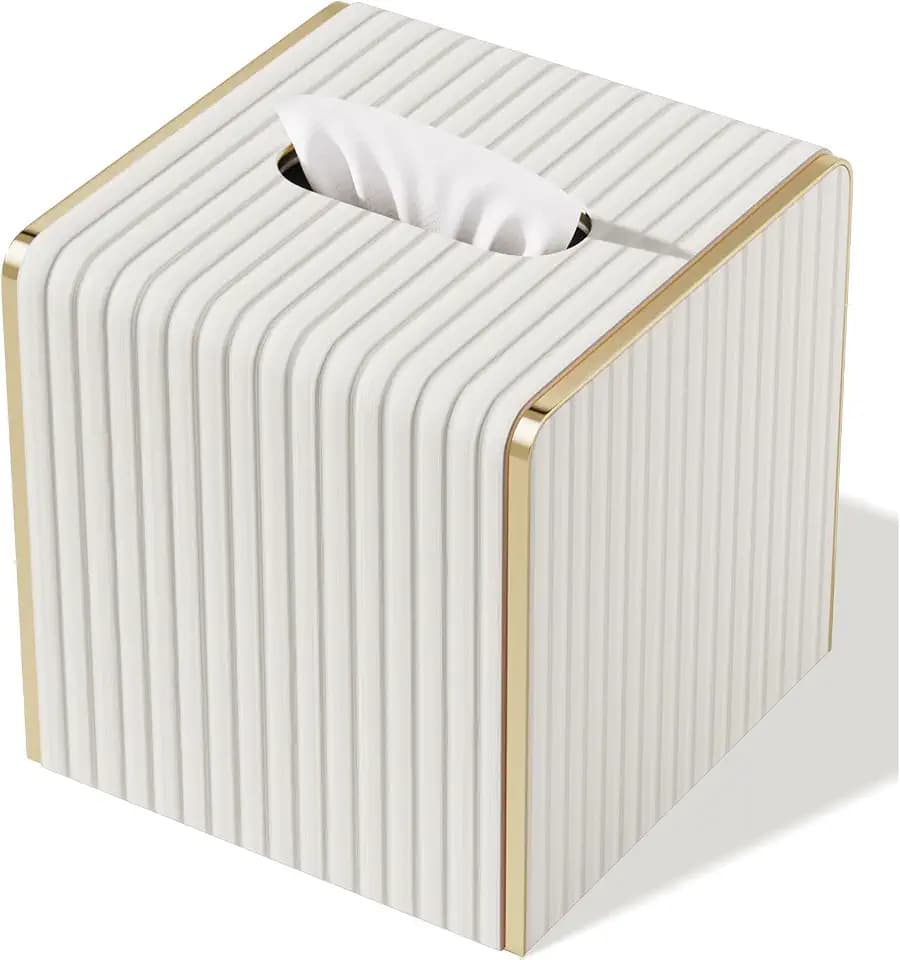 Tissue Box Cover,White Square Leather Tissue Box Holders with Gold-Tone Edging Decoration, Tissue Vessel for Bathroom Toilet Bedroom Living Room Table Desk Office,Modern Home Decor