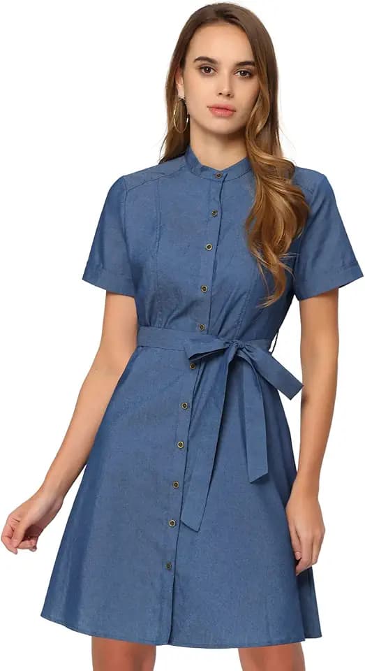 Allegra K Women's Button Down Short Sleeve 2024 Chambray Shirt Dress