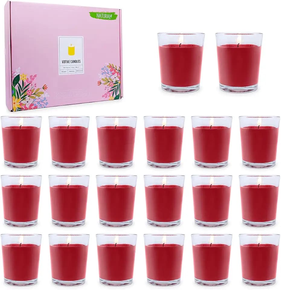 20 Packs Unscented Red Colored Votive Candles in Glass, Small 2 Inch Natural Soy Wax Non-Toxic Clean Burning Candles for Wedding Table Home Spa Holidays Party