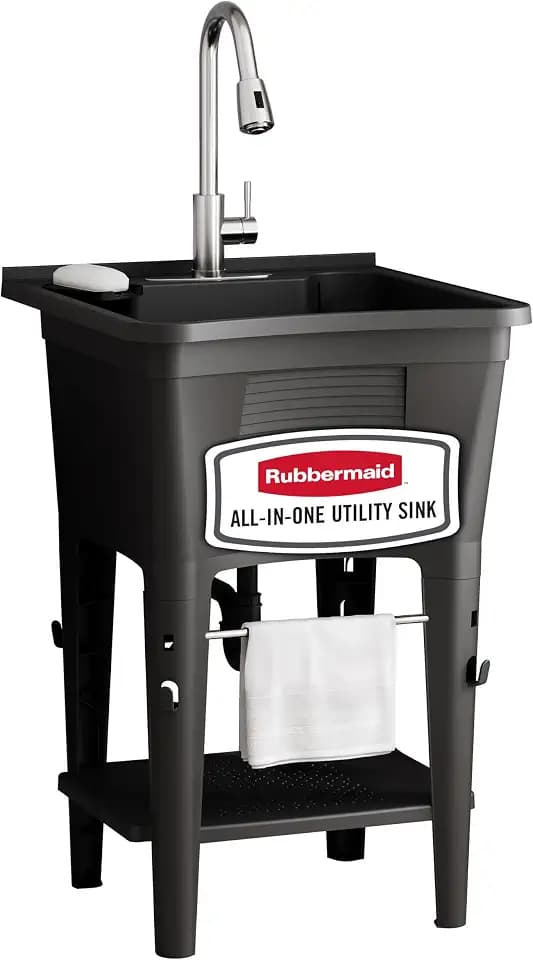 Rubbermaid Utility Sink Laundry Tub, Freestanding All-in-One Sink with Premium Stainless Steel Sprayer Faucet for Laundry Room, Basement, Garage, 24.1" L x 24.1" W x 52.5" H, Black