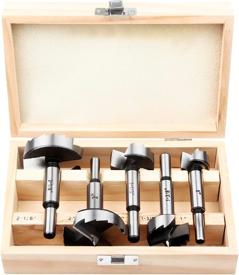 HPHOPE Forstner Bit Set 5Pcs - Forstner Bits for Wood, Wood Drilling with Round Shank, Drill Accessories, Size 1", 1-3/8", 1-1/2", 2", 2-1/8" with Storage Case