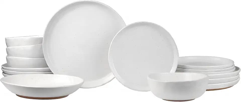 Sango 16-Piece Boho Farmhouse Stoneware Dinnerware Set for 4, Semi-Matte White Plates and Bowls Sets with Rustic Speckled Glaze, Ceramic Dish Set, Modern Dishes, Microwave & Dishwasher Safe, Kaya