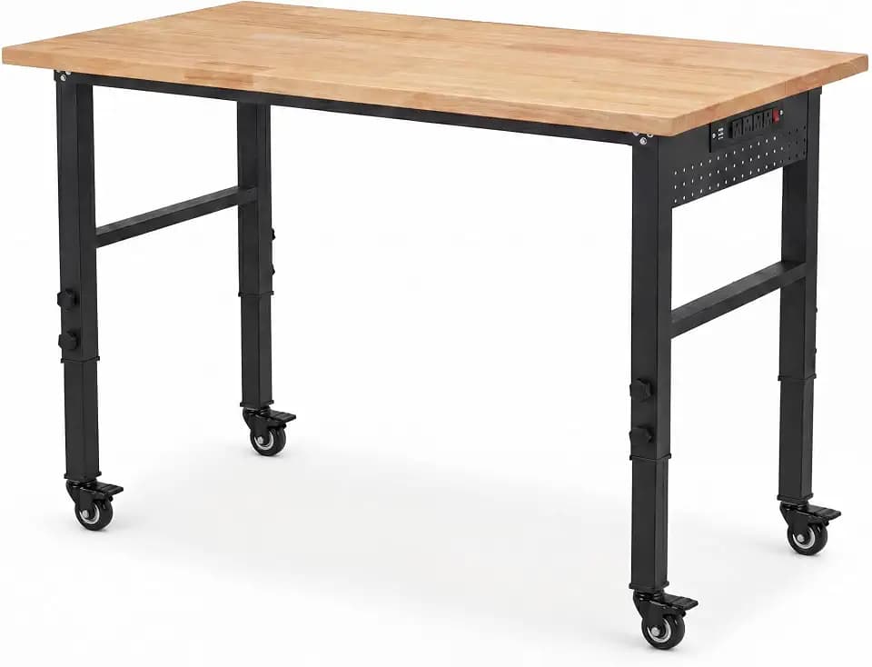 48" Workbench with Wheels, Adjustable Height Work Bench with Rubberwood Top, Built-in Power Outlet with 4 AC Outlets and 2 USB Ports, 2000 LBS Capacity for Garage, Workshop and Home