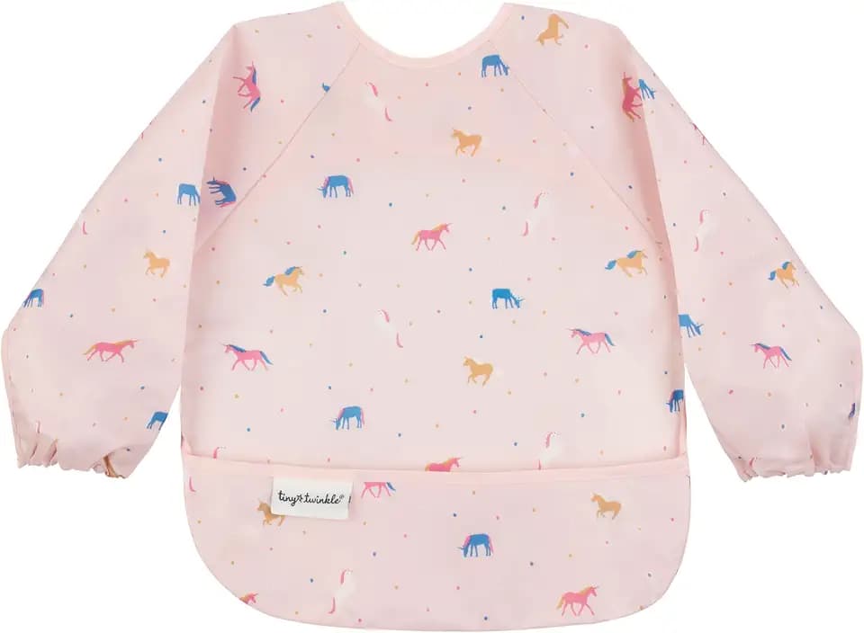 Tiny Twinkle Long Sleeve Bib for Babies & Toddlers | Waterproof Smock Bib for Eating | Machine Washable & Mess-Proof Feeding Essentials | Newborn Shower Gift (Unicorn Confetti, 6–24M)