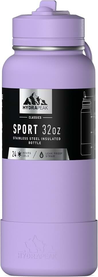 Hydrapeak 32oz Sport Insulated Water Bottle with Straw Lid, Leak & Spill Proof, Keeps Drinks Cold for 24 Hours, Premium Stainless Steel for Work, Gym, On-The-Go (Lavender)
