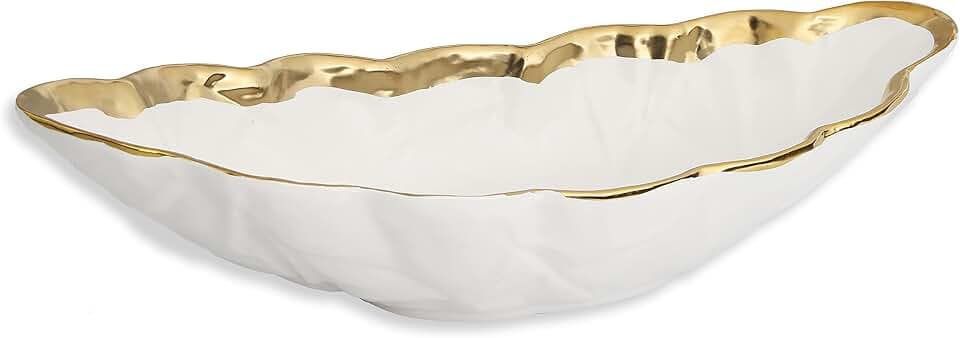 16.75" L White Porcelain Leaf Shaped Bowl with Gold Border