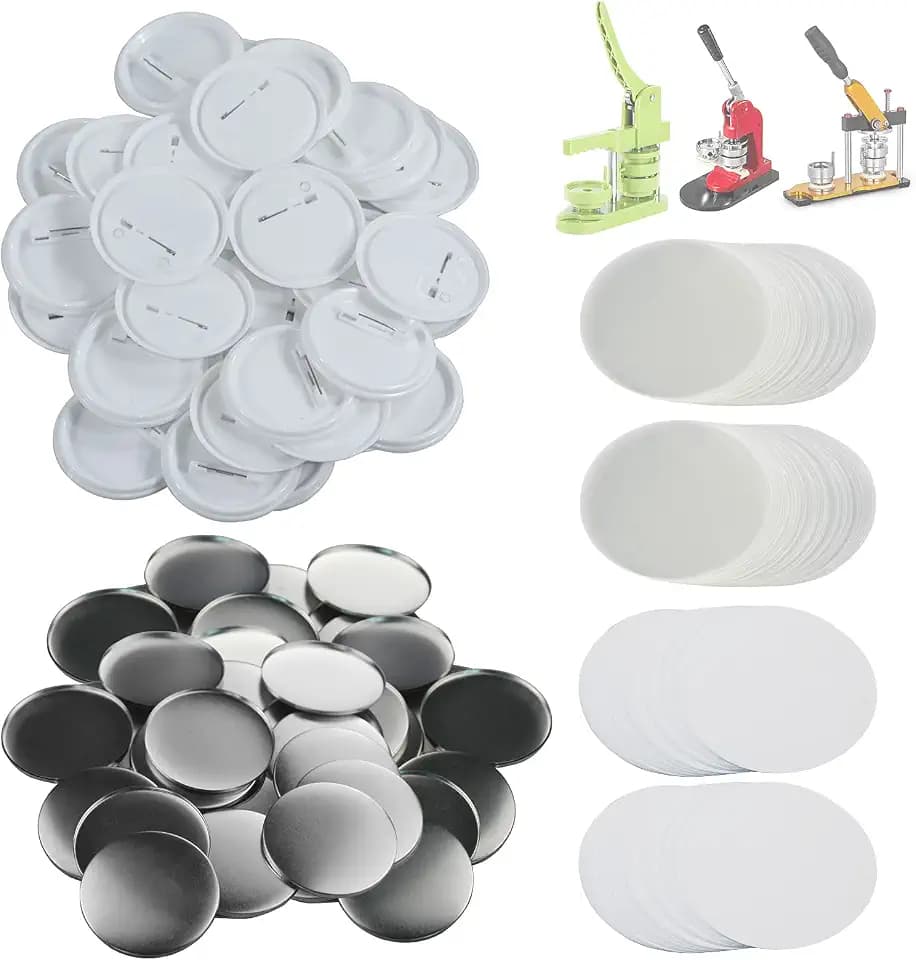 Happizza 200 Sets 58mm(2.25 in) Blank Pin Back Buttons Parts for Button Maker Machine 58mm, Round Badge Making Supplies, Includes Metal Cover, Plastic Button Back Cover, Clear Film&Blank Paper