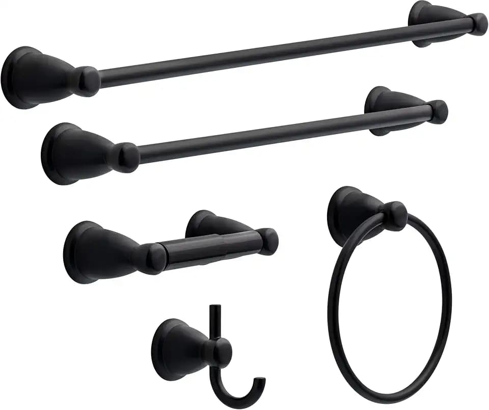 Franklin Brass 5-Piece Matte Black Bathroom Set (2) Towel Racks, Ring, Toilet Paper Holder, Hook | Kinla Bath Accessories