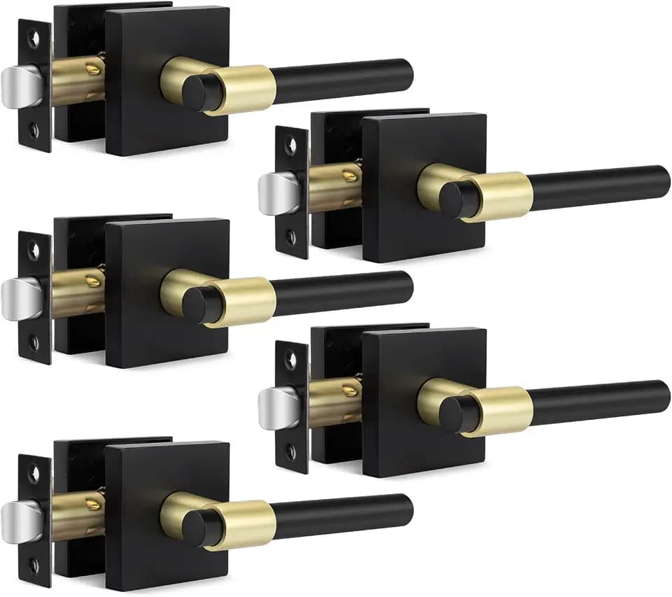 Goldenwarm 5 Pack Black and Gold Passage Door Handles, Matte Black Closet Door Handles, Black and Gold Interior Lever Door Handle for Hallway, Closet(Square, Zinc Alloy)