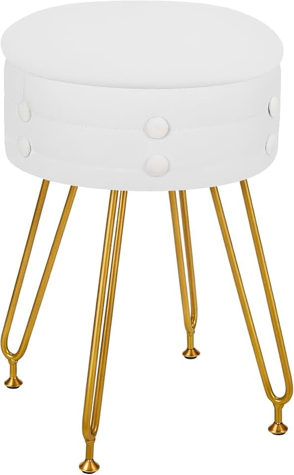 VECELO Round Velvet Vanity Stool with Storage, Faux Fur Padded Makeup Chair with 4 Metal Legs for Bedroom, White