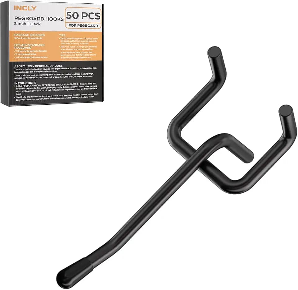 INCLY 50 Pack Black Pegboard Hooks, 2 Inch Peg Board Hooks Accessories