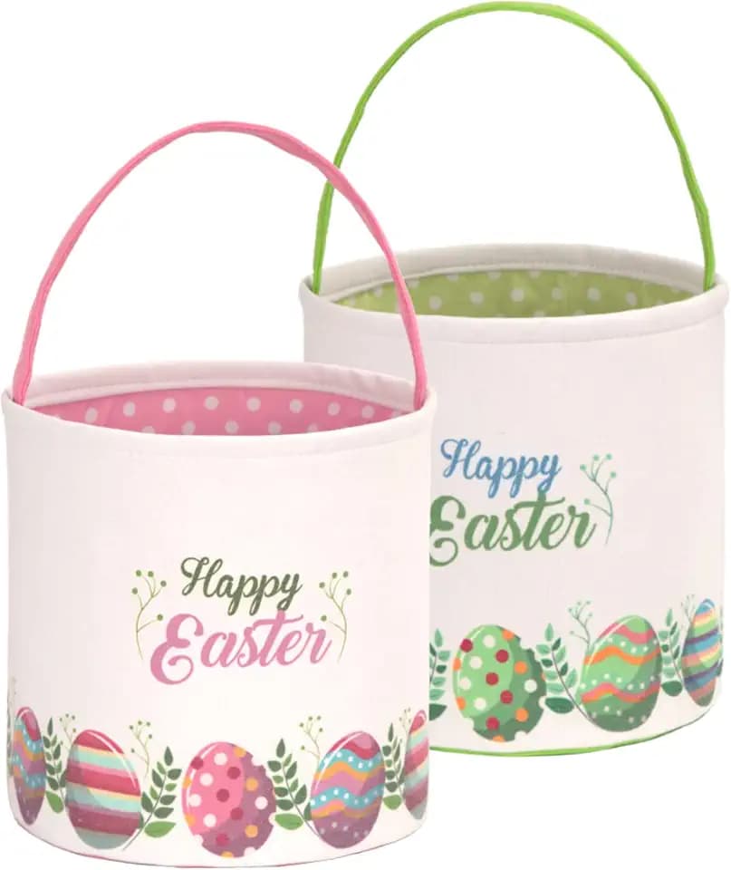 LessMo 2 Pcs Easter Bunny Basket Egg Buckets Gifts Tote Bags, Canvas Cotton Pink Green Cute Personalized Egg Hunt Basket Stuffers for Easter Party