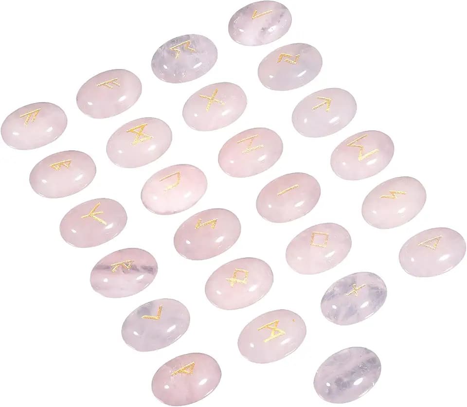 Amogeeli 25pcs Oval Rose Quartz Runes Stone Flatback Cabochons Set for Craft Jewelry Making, 13x18mm