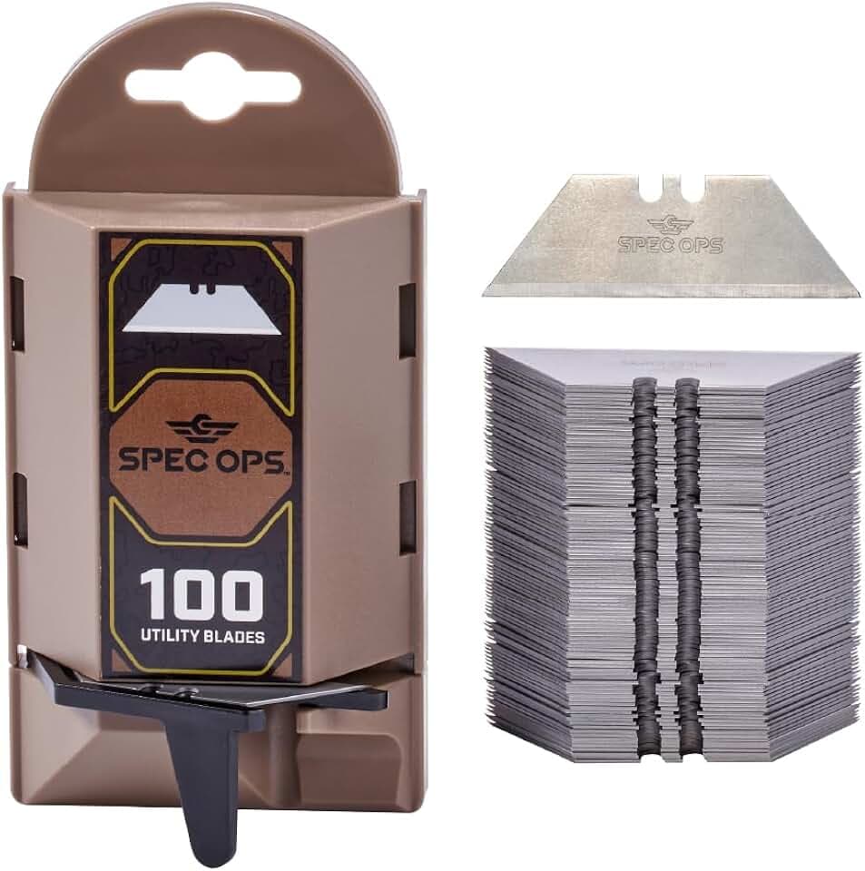 Spec Ops Tools Utility Knife Blades for Cutting Drywall, Roofing & Jobsite Materials, Box Cutter Blades with Dispenser, 100 Pack
