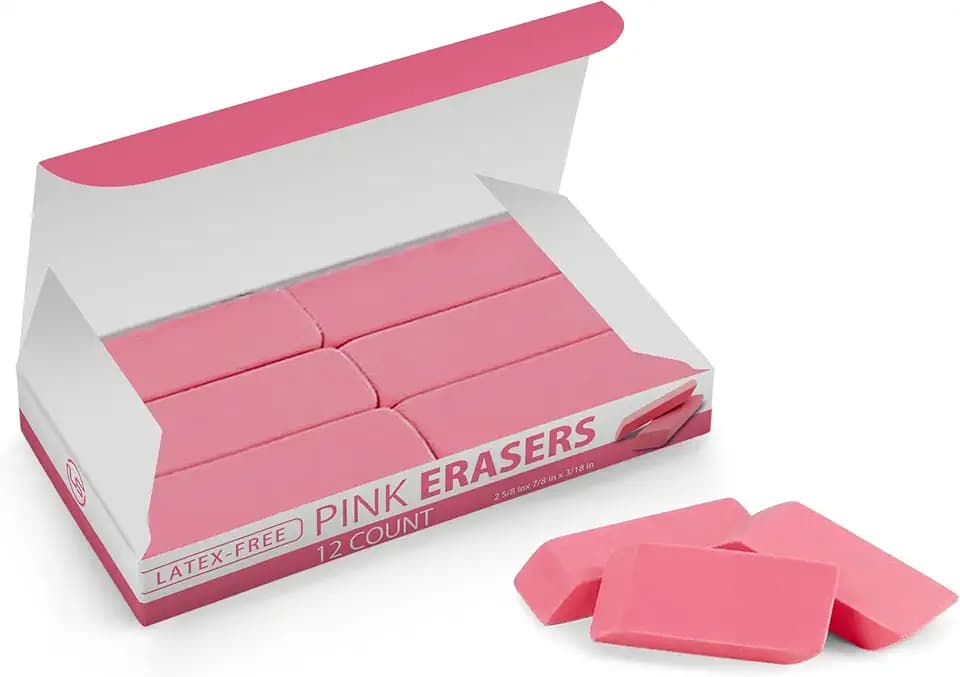Pink Erasers, 12 Count Rectangular Eraser Bulk Pack, Latex Free Pink Pearl Erasers for School Supplies, Art and Office
