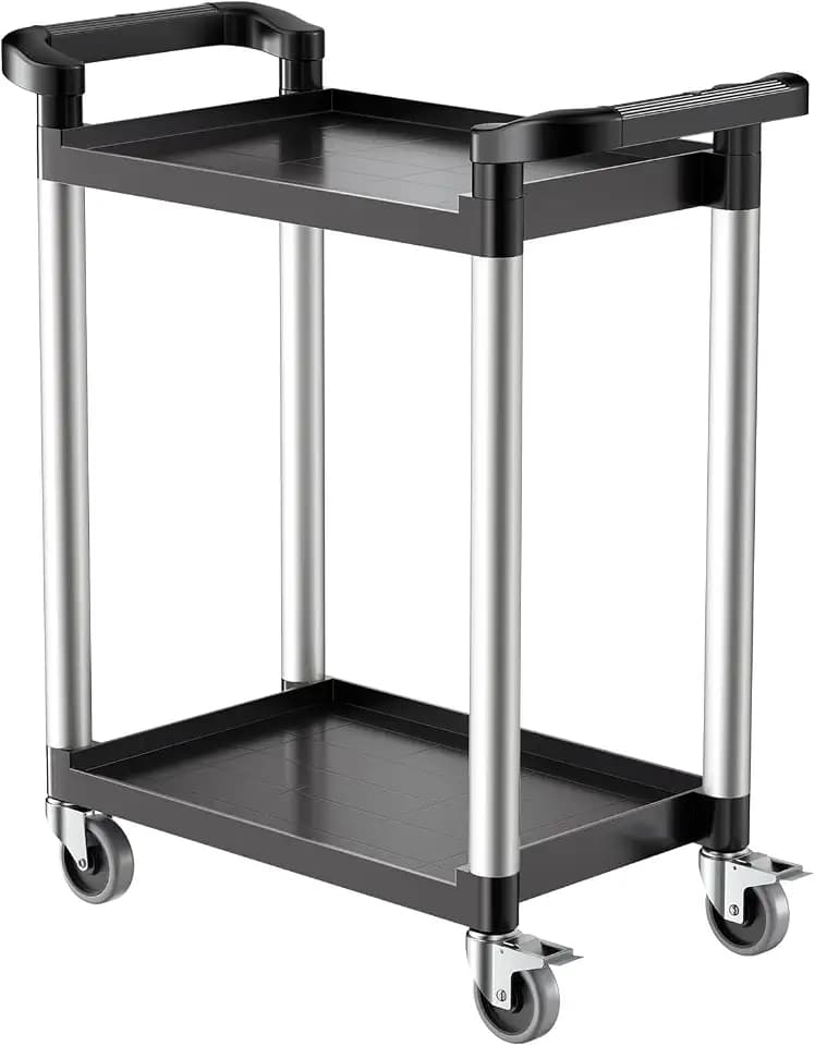 VEVOR Utility Cart, 300 lbs Load Capacity, 2-Tier Utility Plastic Cart with 360° Swivel Wheels (2 with Brakes), 24.4 x 16.1-inch Food Service Cart for Warehouse, Office, Home, Restaurant, Kitchen
