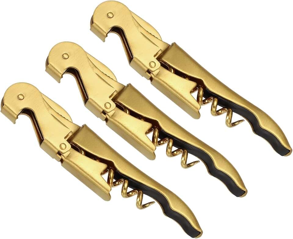uxcell 3Pcs 5" Stainless Steel Wine Opener, Waiter Corkscrew Professional Wine Key Bottle Opener with Double Hinged Foil Cutter for Bar Servers Waiter Bartender Home Restaurant, Gold