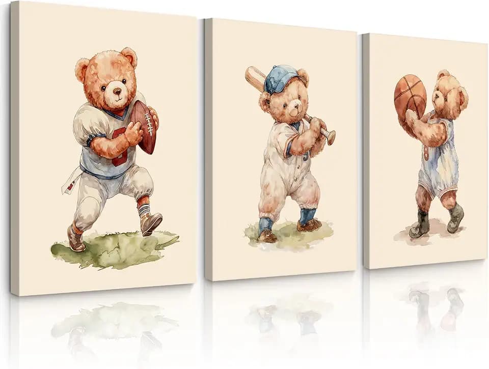 Nursery Teddy Bear Wall Art Decor Boy Vintage Canvas Pictures Nursery Sports Prints Baby Boy Room Decor Kids Animal Poster Bear Artwork for Bedroom Playroom 12x16 Inch Set of 3 Wrapped Canvas