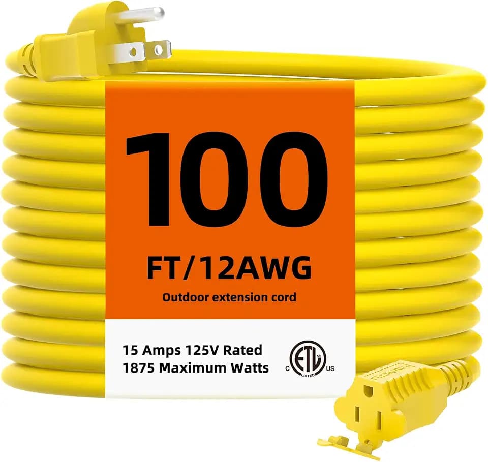 12 Gauge 100 FT Heavy Duty Outdoor Extension Cord, Waterproof Power Cable, Resistant Flexible 3 Prong Grounded Electric Cord, 15A 125V 1875W, Yellow, ETL Listed