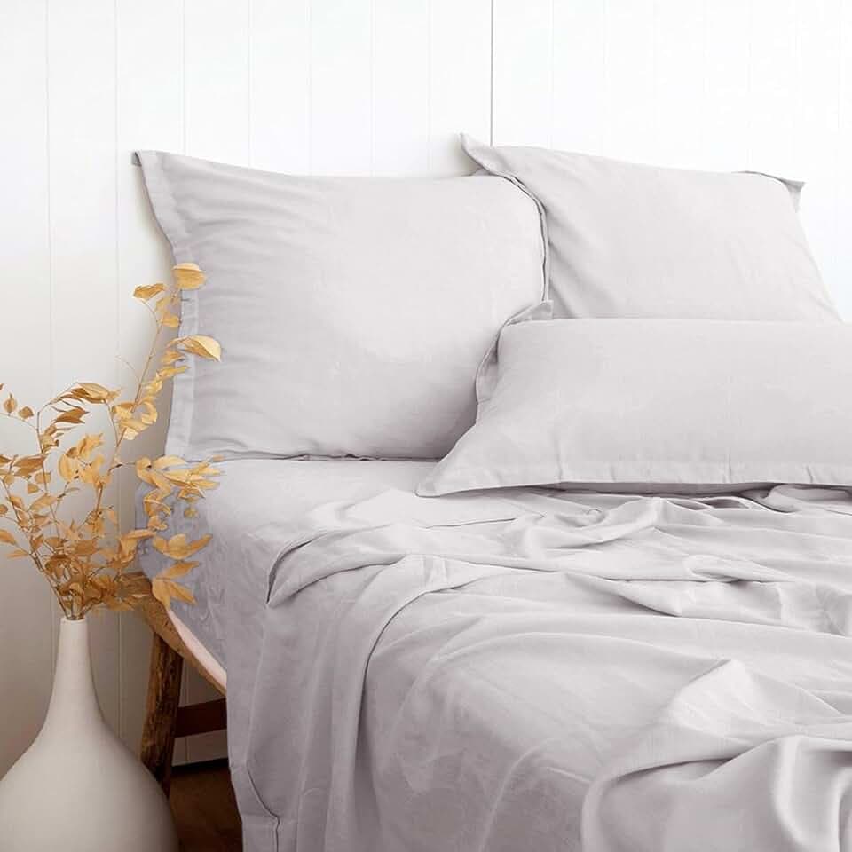 PANDATEX Light Gray Queen Size 4 Piece Sheet Set, Linen-Textured Rayon Derived from Bamboo Cotton Blend Sheets, Soft Breathable & Cooling Sheets for Hot Sleepers, Deep Pockets Natural Bed Sheets