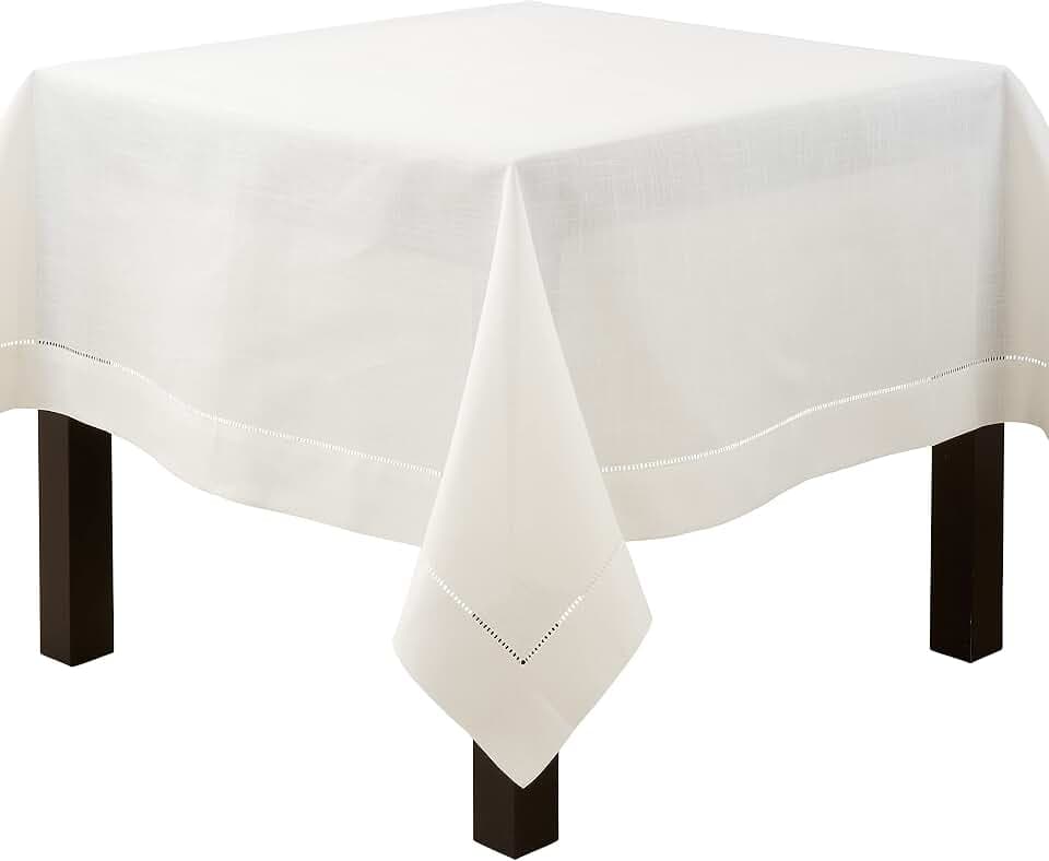 SARO LIFESTYLE Classic Hemstitch Tablecloth - Elegant Everyday Tablecloth with Textured Fabric and Hemstitched Border for Dining Tables and Formal Entertaining, 72"x72", Ivory
