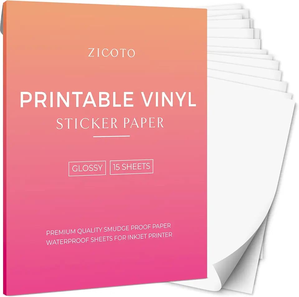 Printable Vinyl Sticker Paper - Glossy White 8.5 x 11 for Inkjet Or Laser