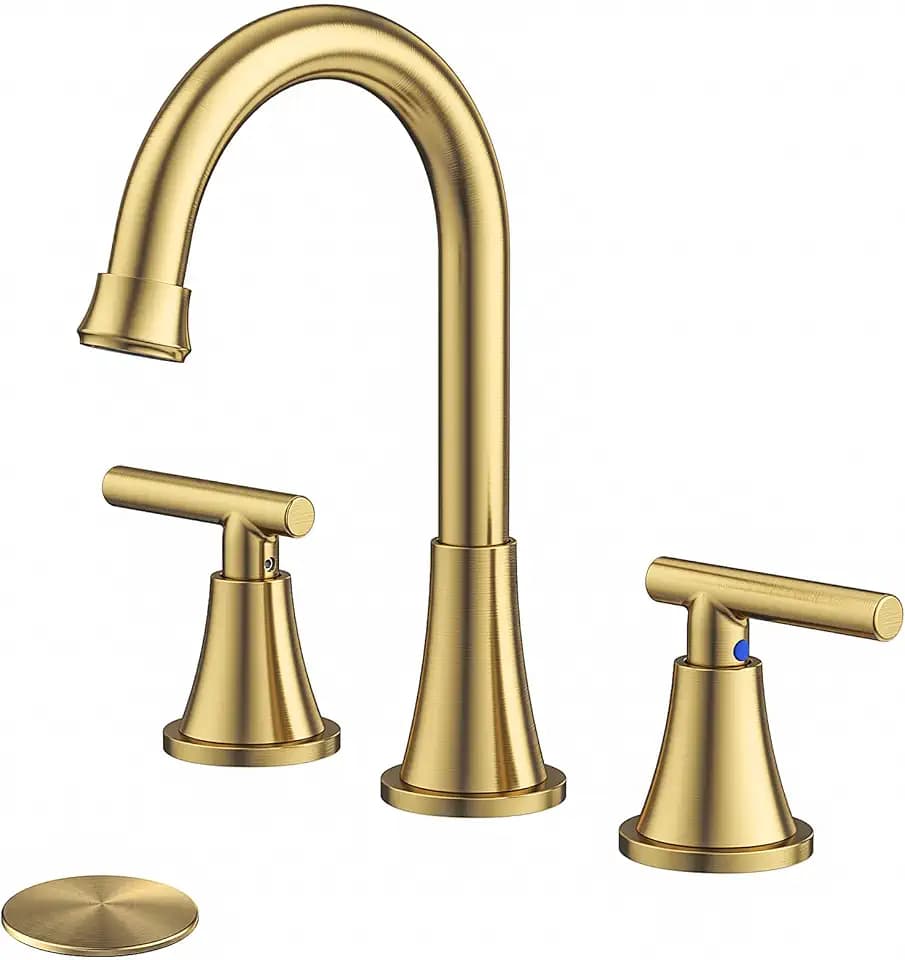 Bathroom Faucet 3 Hole, Brushed Gold Faucets with Drain and Supply Lines