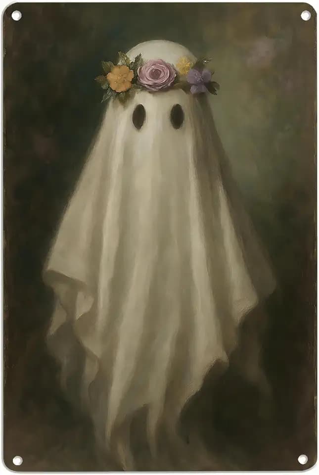 Vintage Floral Ghost Metal Sign 8x12, Cottagecore Gothic Wall Decor